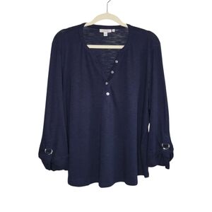 Chico's Ring Detail 3/4 Sleeve Henley Top Women's XL Chico's Size 3 Navy Blue